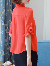 Casual Polo Collar Ruffle Trim Plain Blouse