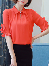 Casual Polo Collar Ruffle Trim Plain Blouse