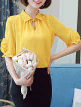 Casual Polo Collar Ruffle Trim Plain Blouse