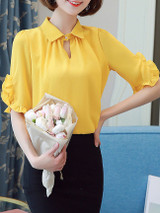 Casual Turn Down Collar Ruffle Trim Plain Blouse