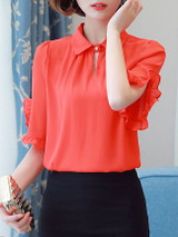Casual Turn Down Collar Ruffle Trim Plain Blouse