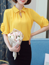 Casual Turn Down Collar Ruffle Trim Plain Blouse