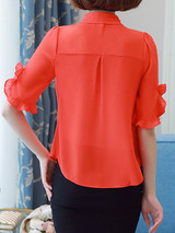 Casual Turn Down Collar Ruffle Trim Plain Blouse