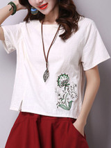Casual Round Neck Vented Embroidery Short Sleeve T-Shirt