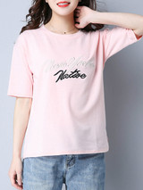Casual Round Neck Embroidery Letters Short Sleeve T-Shirt