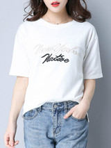 Casual Round Neck Embroidery Letters Short Sleeve T-Shirt