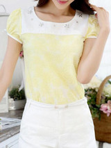 Casual Round Neck Rhinestone Decorative Lace Puff Short Sleeve T-Shirt