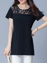 Casual Round Neck Hollow Out Plain Short Sleeve T-Shirt Casual Round Neck Hollow Out Plain Short Sleeve T-Shirt