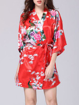 Casual Peacock Printed Satin Kimono Nightgown