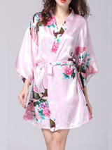 Casual Peacock Printed Satin Kimono Nightgown