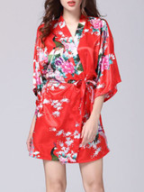 Casual Peacock Printed Satin Kimono Nightgown