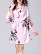 Casual Peacock Printed Satin Kimono Nightgown