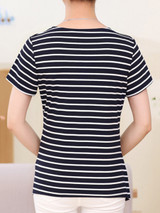 Casual Split Neck Decorative Button Striped Short Sleeve T-Shirt