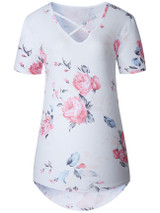 Casual V-Neck High-Low Hollow Out Floral Printed Charming Short Sleeve T-Shirt