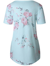 Casual V-Neck High-Low Hollow Out Floral Printed Charming Short Sleeve T-Shirt