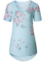 Casual V-Neck High-Low Hollow Out Floral Printed Charming Short Sleeve T-Shirt