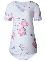 Casual V-Neck High-Low Hollow Out Floral Printed Charming Short Sleeve T-Shirt