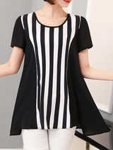 Casual Round Neck Vertical Striped Blouse