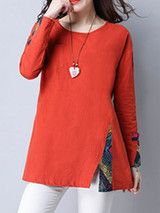 Casual Round Neck Vented Printed Blouse