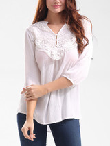Casual V-Neck Decorative Lace Hollow Out Plain Blouse
