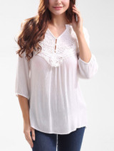 Casual V-Neck Decorative Lace Hollow Out Plain Blouse