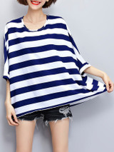 Casual Oversized Round Neck Striped Batwing Short Sleeve T-Shirt