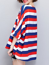 Casual Oversized Round Neck Striped Batwing Short Sleeve T-Shirt