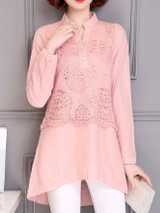 High-Low Band Collar Decorative Lace Plain Blouse High-Low Band Collar Decorative Lace Plain Blouse