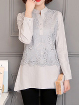 High-Low Band Collar Decorative Lace Plain Blouse High-Low Band Collar Decorative Lace Plain Blouse