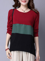Casual Round Neck Color Block Blouse
