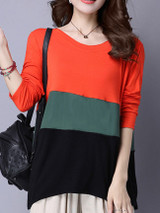Casual Round Neck Color Block Blouse