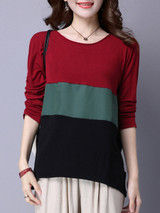 Casual Round Neck Color Block Blouse