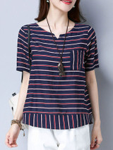 Casual Split Neck Patch Pocket Color Block Striped Blouse