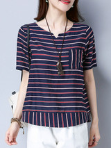 Casual Split Neck Patch Pocket Color Block Striped Blouse