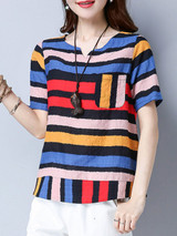 Casual Split Neck Patch Pocket Color Block Striped Blouse