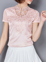 Casual Exquisite Band Collar Hollow Out Plain Blouse Casual Exquisite Band Collar Hollow Out Plain Blouse