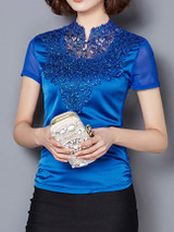 Casual Exquisite Band Collar Hollow Out Plain Blouse Casual Exquisite Band Collar Hollow Out Plain Blouse