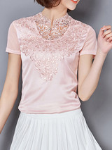 Casual Exquisite Band Collar Hollow Out Plain Blouse Casual Exquisite Band Collar Hollow Out Plain Blouse