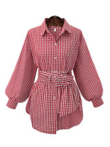 Casual Red Plaid Puff Sleeve Oversized Blouse