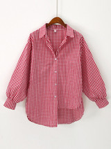 Casual Red Plaid Puff Sleeve Oversized Blouse