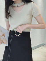 Casual Plain V-Neck Short Sleeve Knit T-Shirt