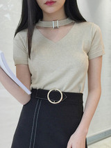 Casual Plain V-Neck Short Sleeve Knit T-Shirt