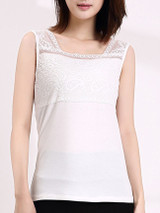 Casual Square Neck Decorative Lace Plain Sleeveless T-Shirt