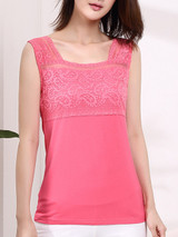 Casual Square Neck Decorative Lace Plain Sleeveless T-Shirt Casual Square Neck Decorative Lace Plain Sleeveless T-Shirt