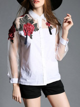 Casual Polo Collar Patchwork Embroidery Shirts&Blouse