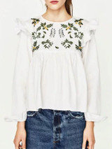 Casual White Embroidery Ruffle Trim Pleated Blouse
