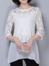 Chic Exquisite Round Neck Patchwork Hollow Out Plain Blouse