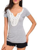 Casual Split Neck Decorative Lace Short Sleeve T-Shirt