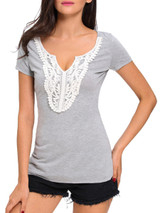 Casual Split Neck Decorative Lace Short Sleeve T-Shirt