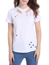 Casual Trendy Distressed Crew Neck Hollow Out Plain Short Sleeve T-Shirt Casual Trendy Distressed Crew Neck Hollow Out Plain Short Sleeve T-Shirt